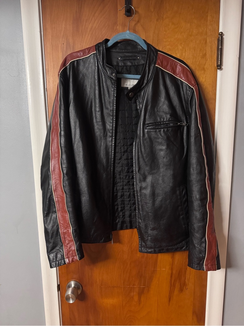 GUC Wilsons Leather Black Leather Bomber Jacket with Burgundy Stripes